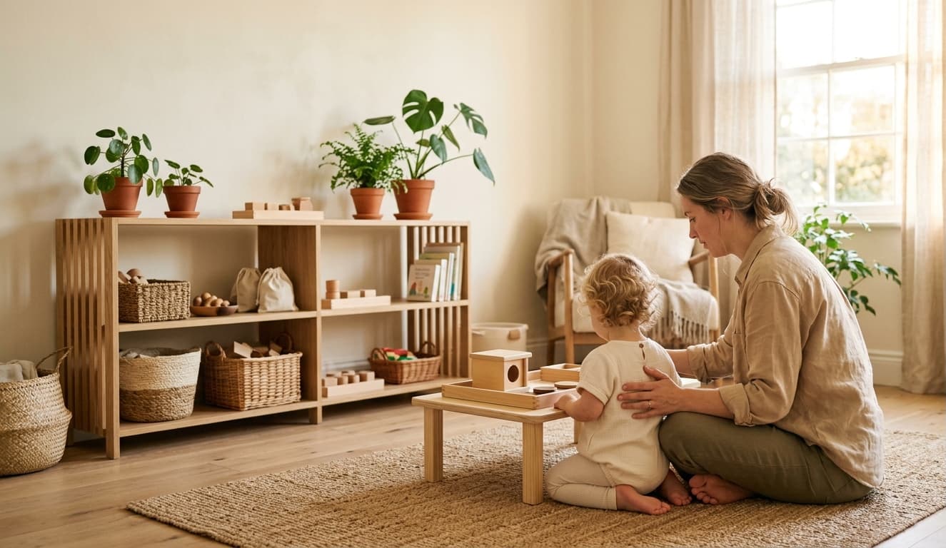 Parent and toddler exploring Montessori activities together